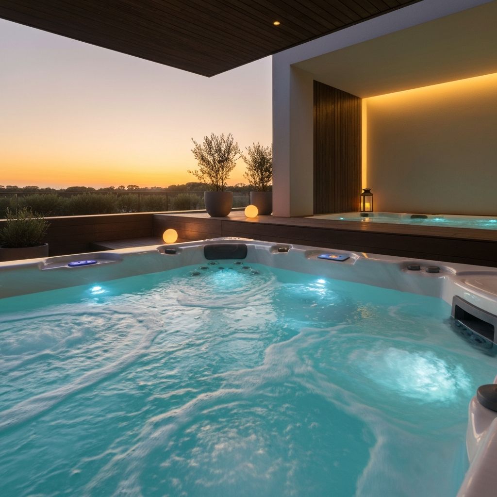 Outdoor spa with underwater lighting at dusk
