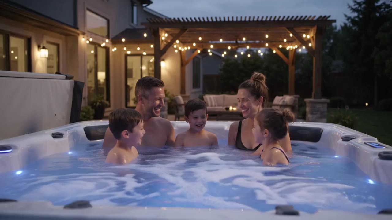 Family relaxing in a lit QCA spa on a backyard patio at dusk